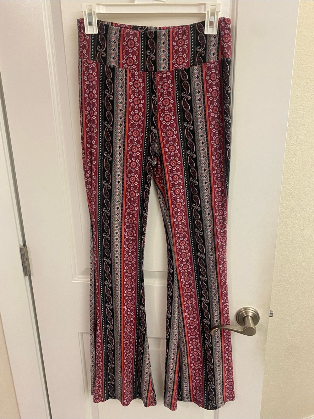 Striped Floral Wide-Leg Pants in Burgundy
